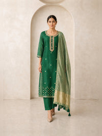 Women's Green Chanderi Cotton Embroidered Kurta With Trouser And Dupatta