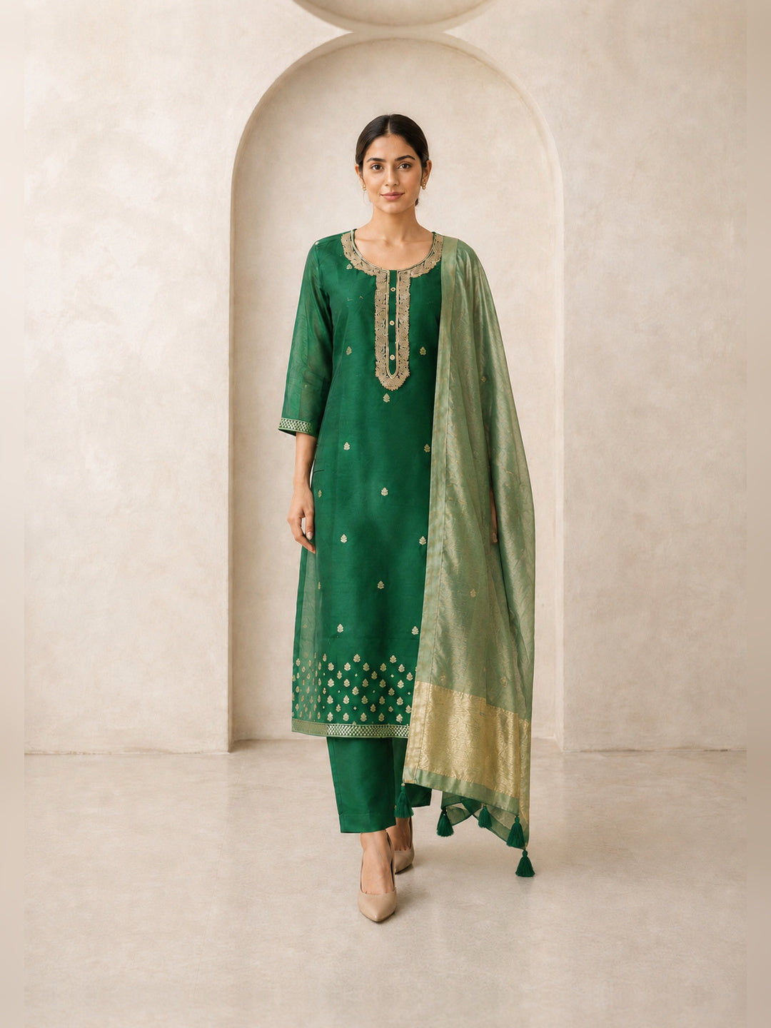 Women's Green Chanderi Cotton Embroidered Kurta With Trouser And Dupatta