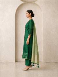 Women's Green Chanderi Cotton Embroidered Kurta With Trouser And Dupatta