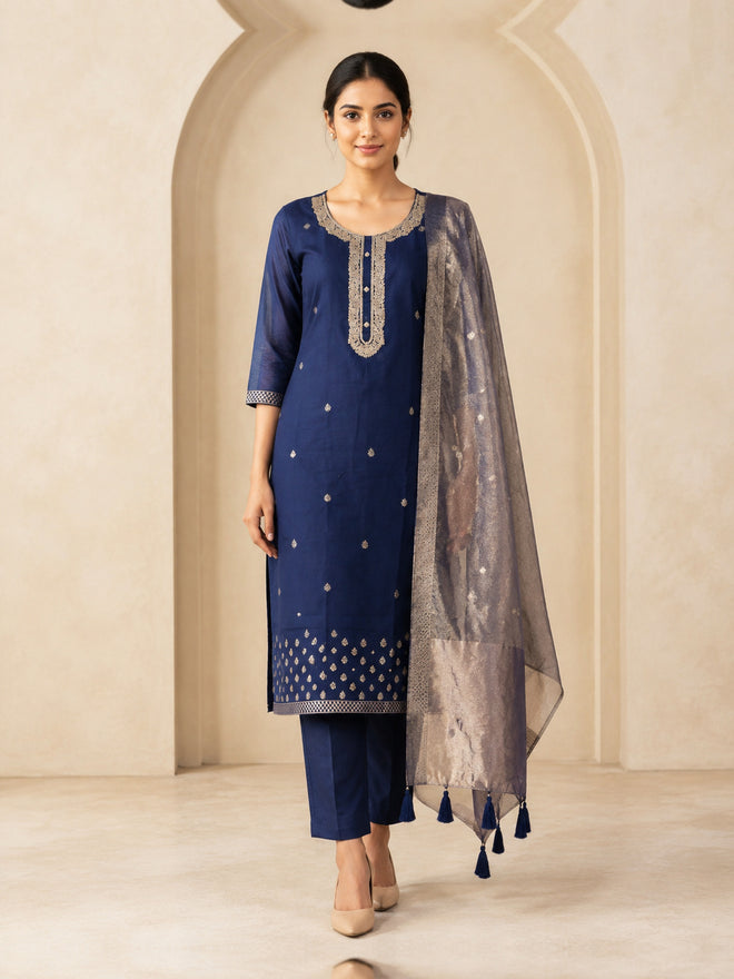 Women's Blue Chanderi Cotton Embroidered Kurta With Trouser And Dupatta