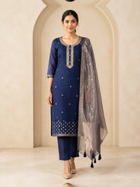 Women's Blue Chanderi Cotton Embroidered Kurta With Trouser And Dupatta