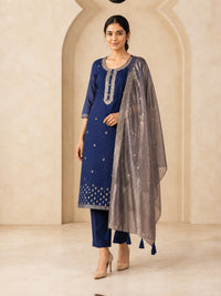 Women's Blue Chanderi Cotton Embroidered Kurta With Trouser And Dupatta