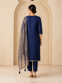 Women's Blue Chanderi Cotton Embroidered Kurta With Trouser And Dupatta