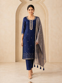 Women's Blue Chanderi Cotton Embroidered Kurta With Trouser And Dupatta