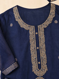 Women's Blue Chanderi Cotton Embroidered Kurta With Trouser And Dupatta