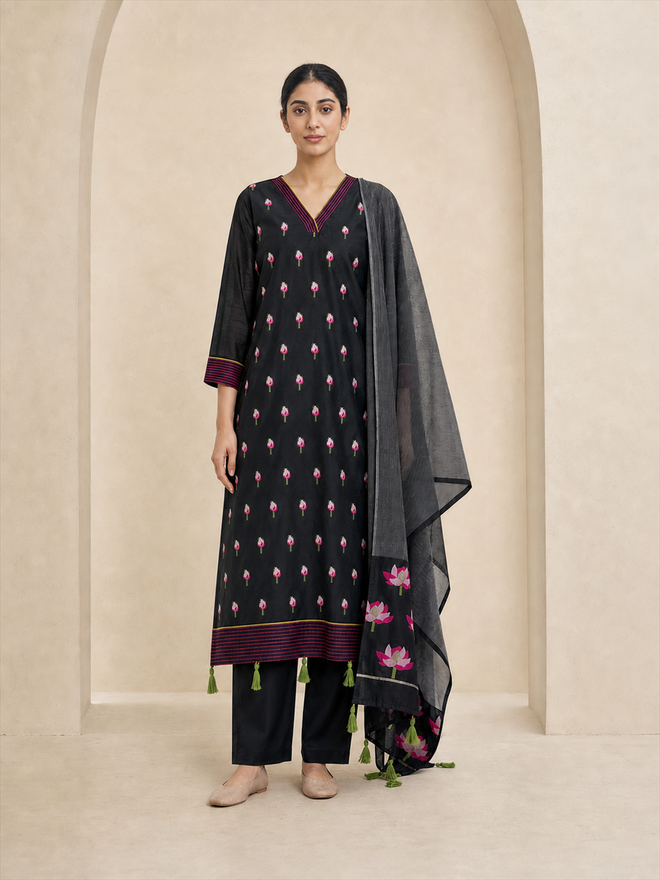Women's Black Chanderi Cotton Embroidered Kurta With Trouser And Dupatta