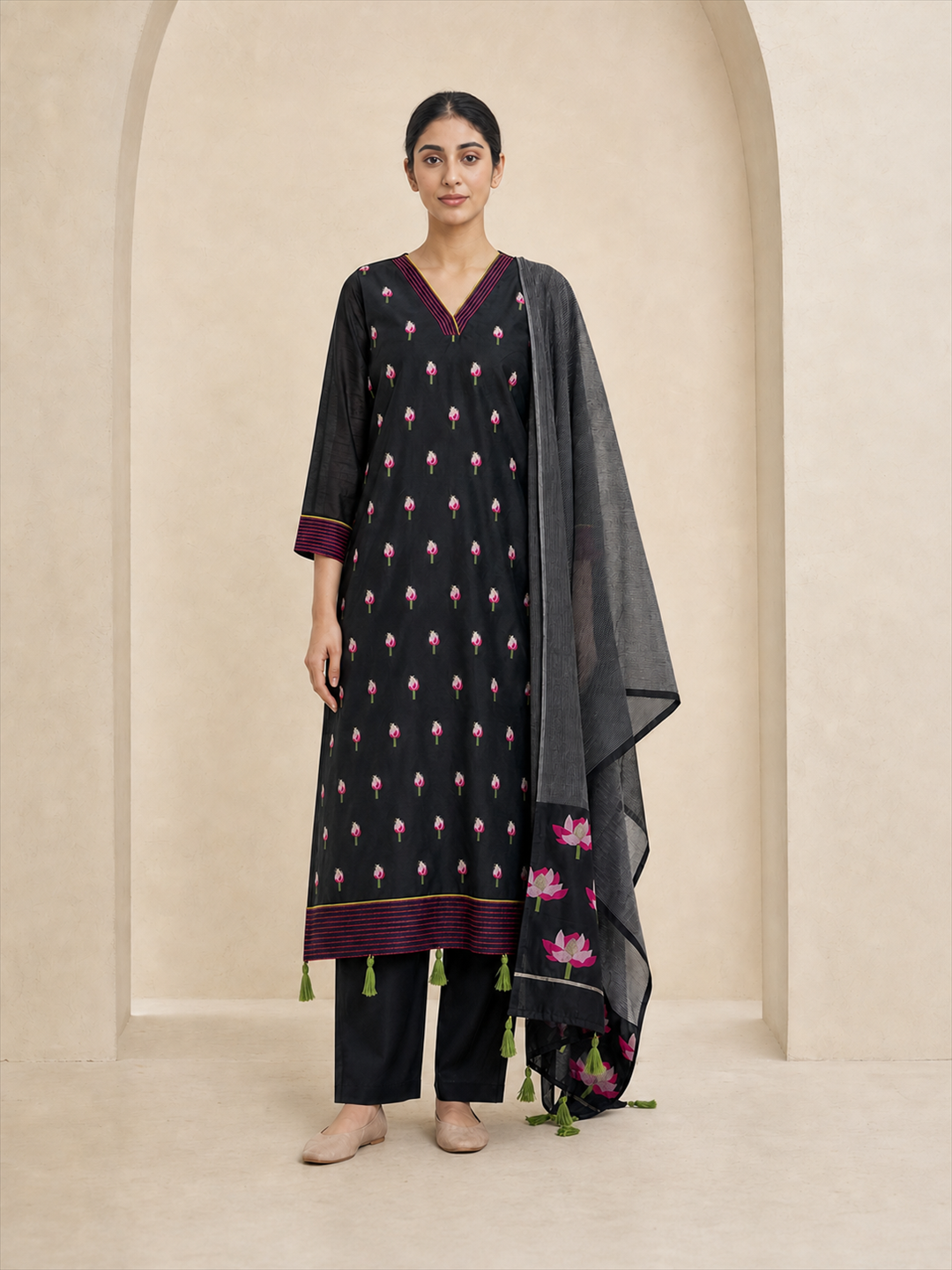Women's Black Chanderi Cotton Embroidered Kurta With Trouser And Dupatta
