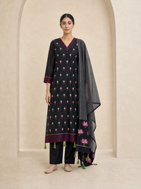 Women's Black Chanderi Cotton Embroidered Kurta With Trouser And Dupatta