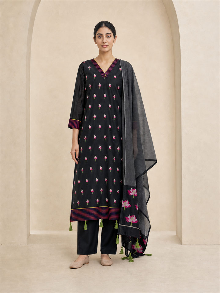 Women's Black Chanderi Cotton Embroidered Kurta With Trouser And Dupatta