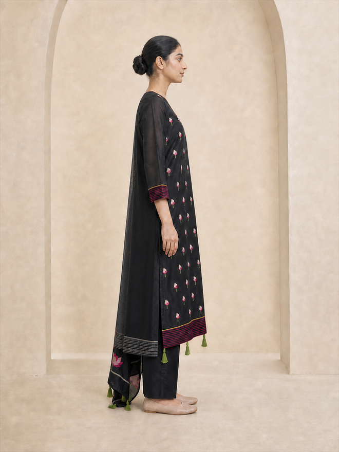 Women's Black Chanderi Cotton Embroidered Kurta With Trouser And Dupatta