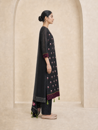 Women's Black Chanderi Cotton Embroidered Kurta With Trouser And Dupatta