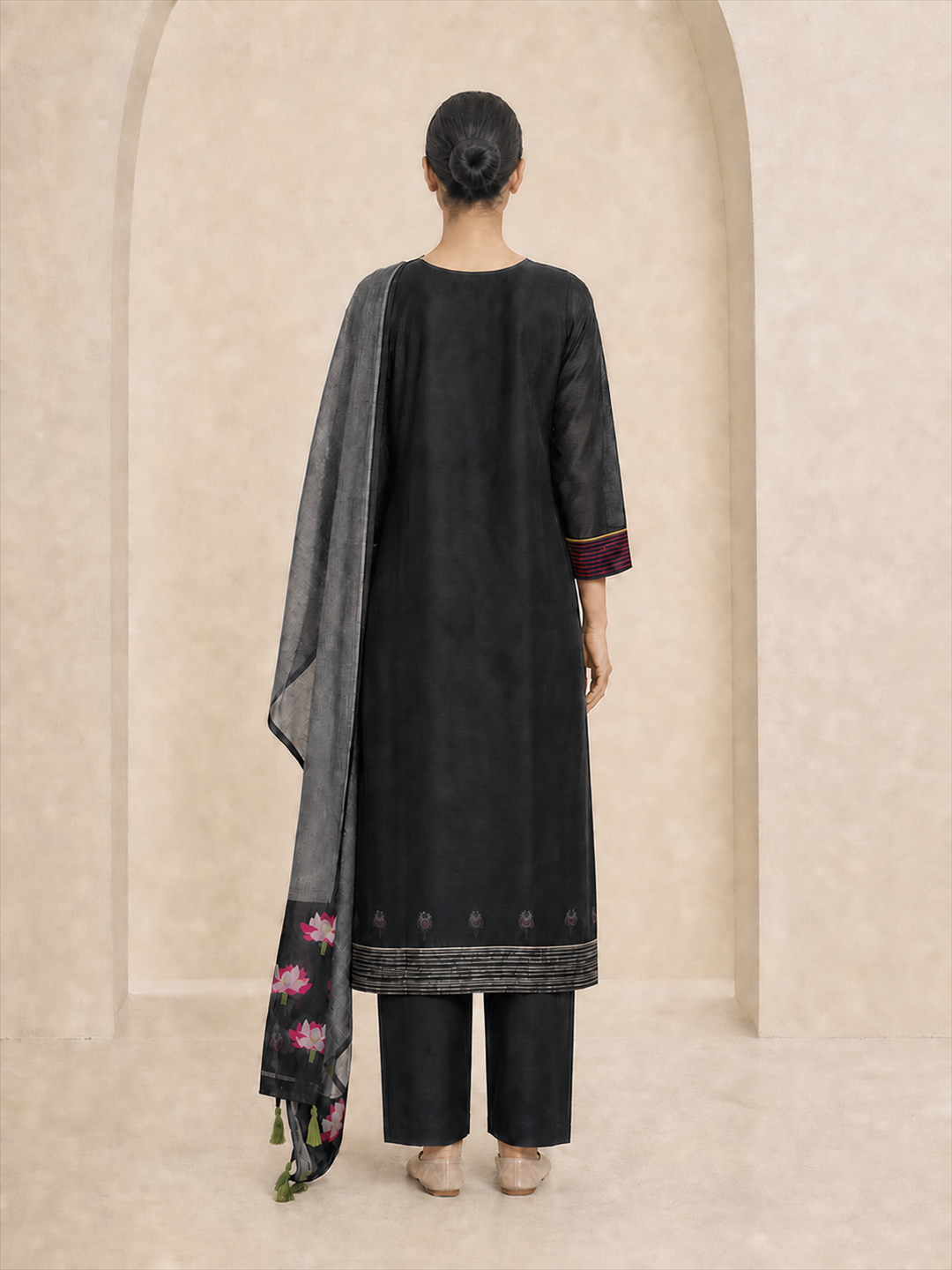 Women's Black Chanderi Cotton Embroidered Kurta With Trouser And Dupatta