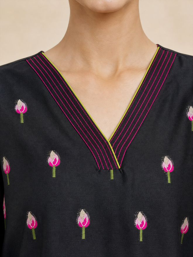 Women's Black Chanderi Cotton Embroidered Kurta With Trouser And Dupatta