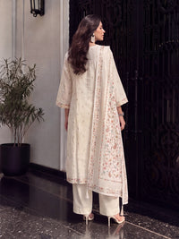 Women's Light Ivory Linen Embellished Kurta with Trouser and Dupatta
