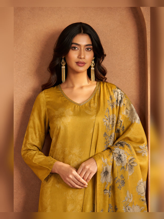 Women's Mustard Floral Printed Kurta Pant Set with Dupatta