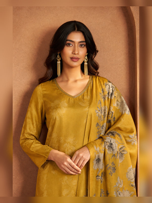 Women's Mustard Floral Printed Kurta Pant Set with Dupatta
