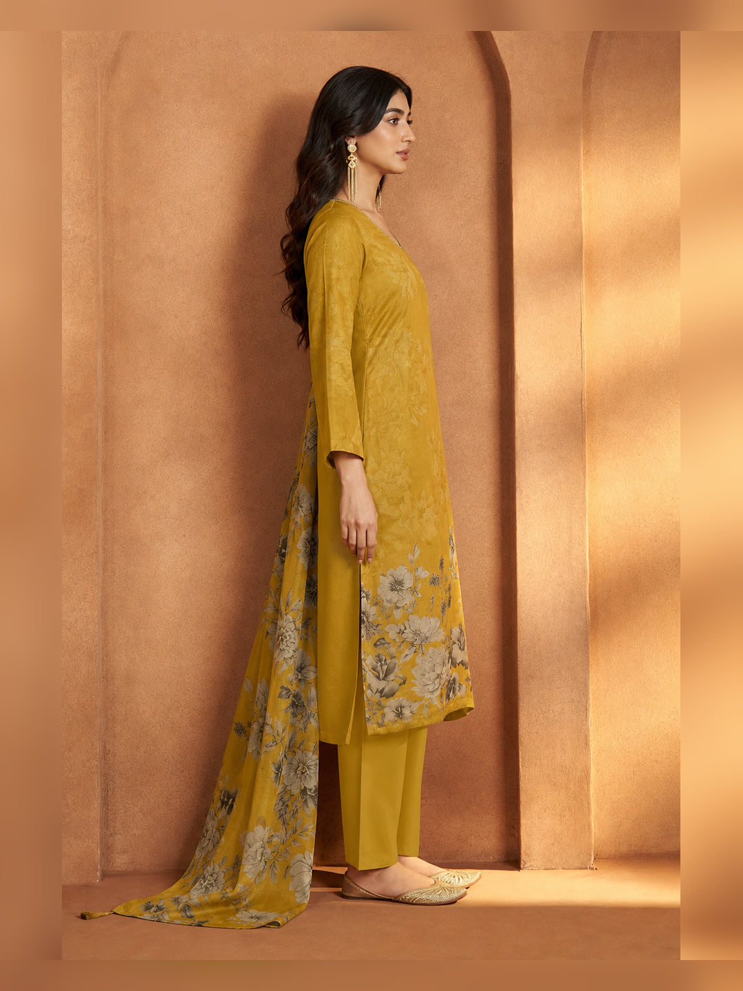 Women's Mustard Floral Printed Kurta Pant Set with Dupatta
