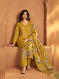 Women's Mustard Floral Printed Kurta Pant Set with Dupatta