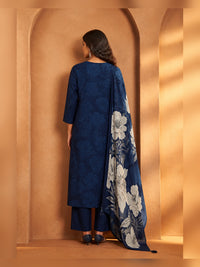 Women's Navy Blue Floral Printed Kurta Pant Set with Dupatta