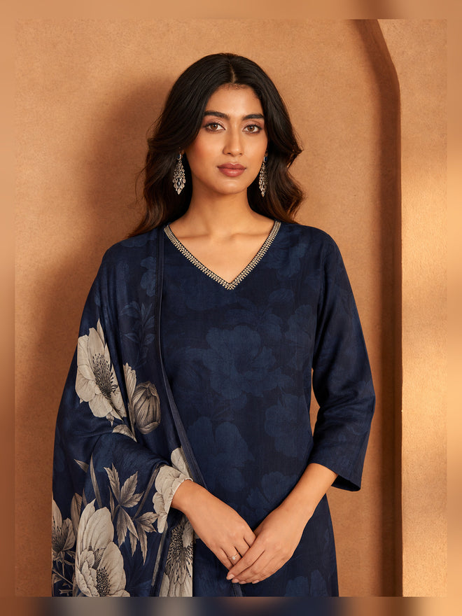 Women's Navy Blue Floral Printed Kurta Pant Set with Dupatta