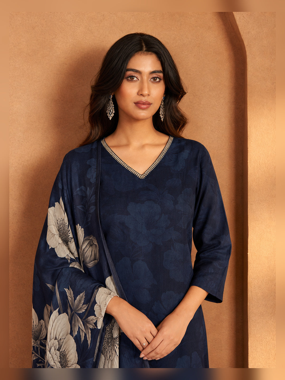 Women's Navy Blue Floral Printed Kurta Pant Set with Dupatta