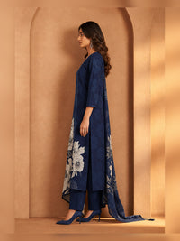 Women's Navy Blue Floral Printed Kurta Pant Set with Dupatta