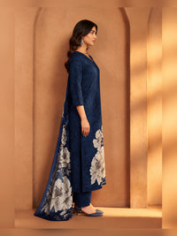 Women's Navy Blue Floral Printed Kurta Pant Set with Dupatta