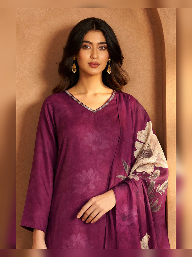 Women's Burgundy Floral Printed Kurta Pant Set with Dupatta