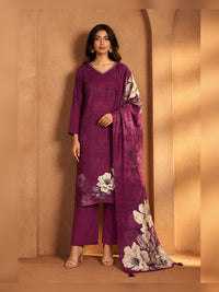 Women's Burgundy Floral Printed Kurta Pant Set with Dupatta