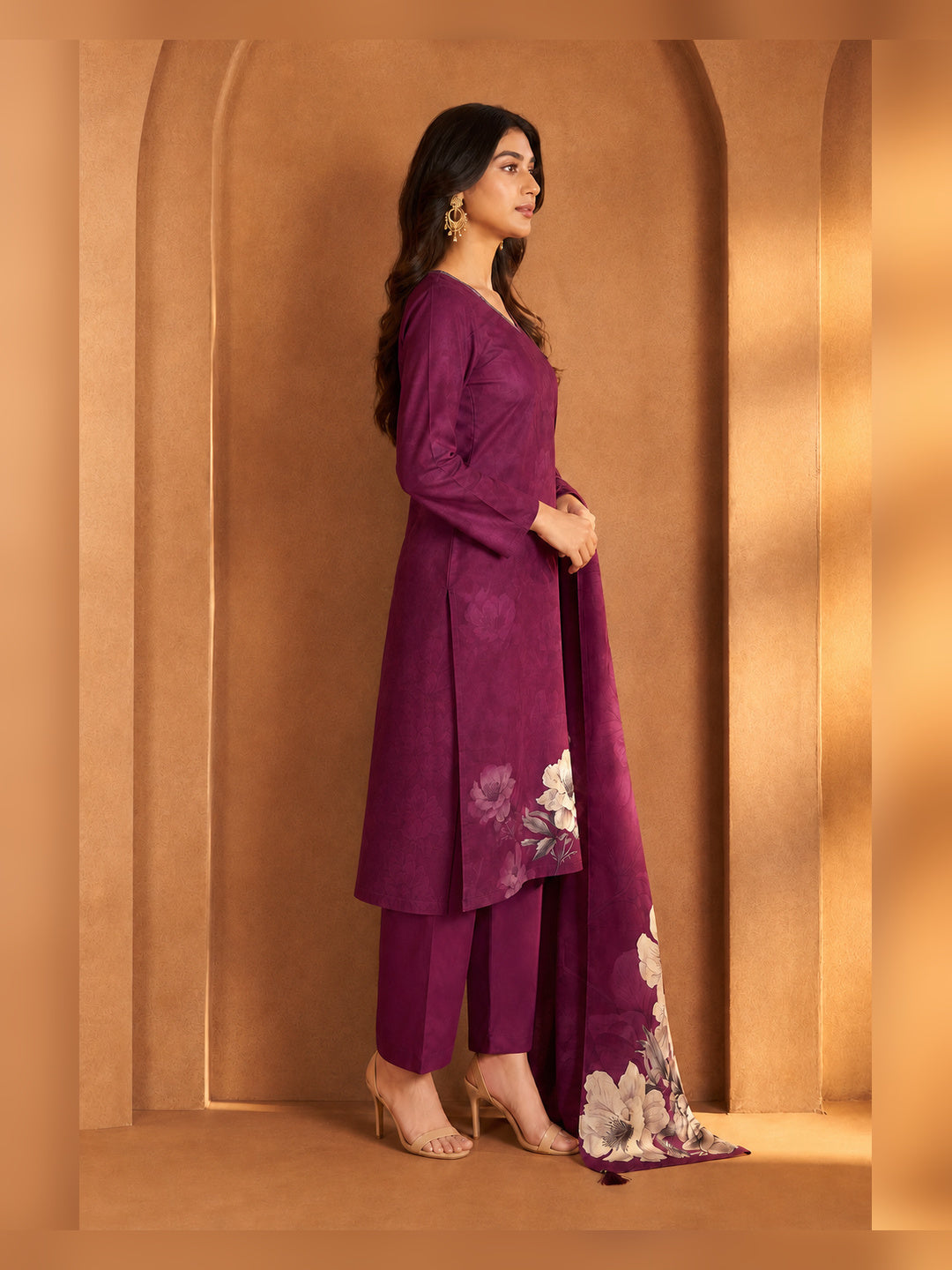 Women's Burgundy Floral Printed Kurta Pant Set with Dupatta