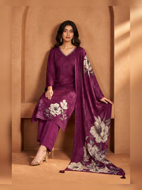 Women's Burgundy Floral Printed Kurta Pant Set with Dupatta