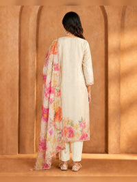 Women's Cream Floral Printed Kurta Pant Set with Dupatta
