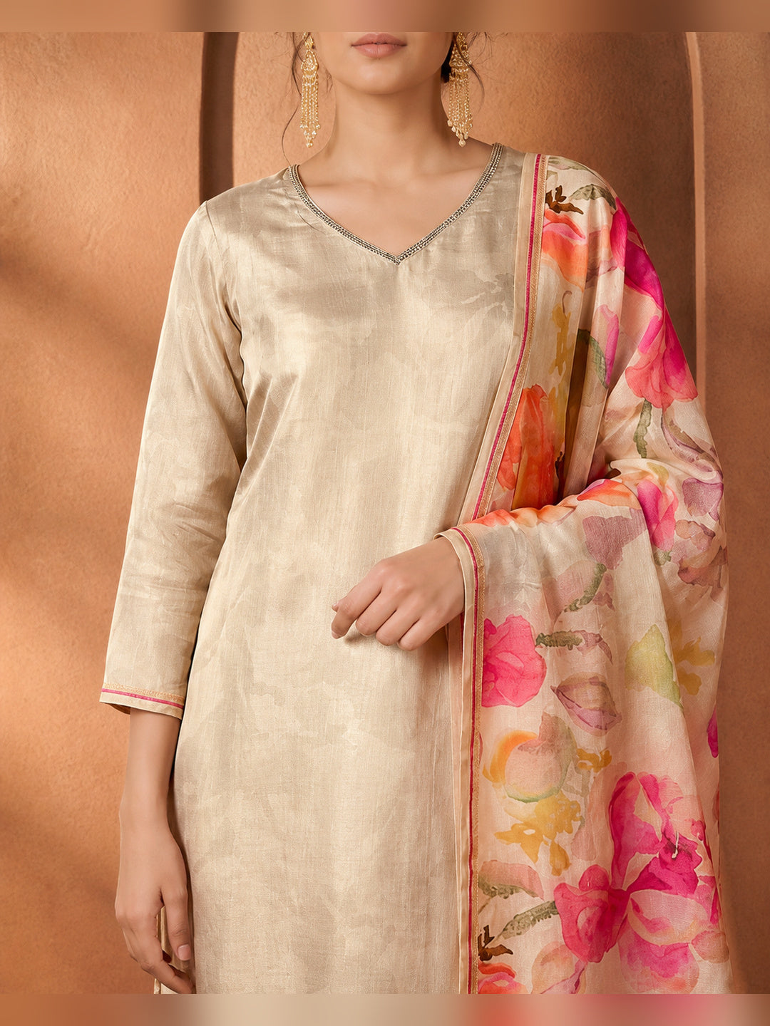 Women's Cream Floral Printed Kurta Pant Set with Dupatta