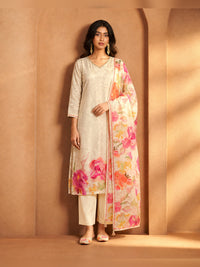 Women's Cream Floral Printed Kurta Pant Set with Dupatta
