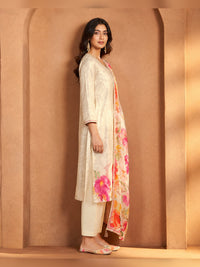 Women's Cream Floral Printed Kurta Pant Set with Dupatta