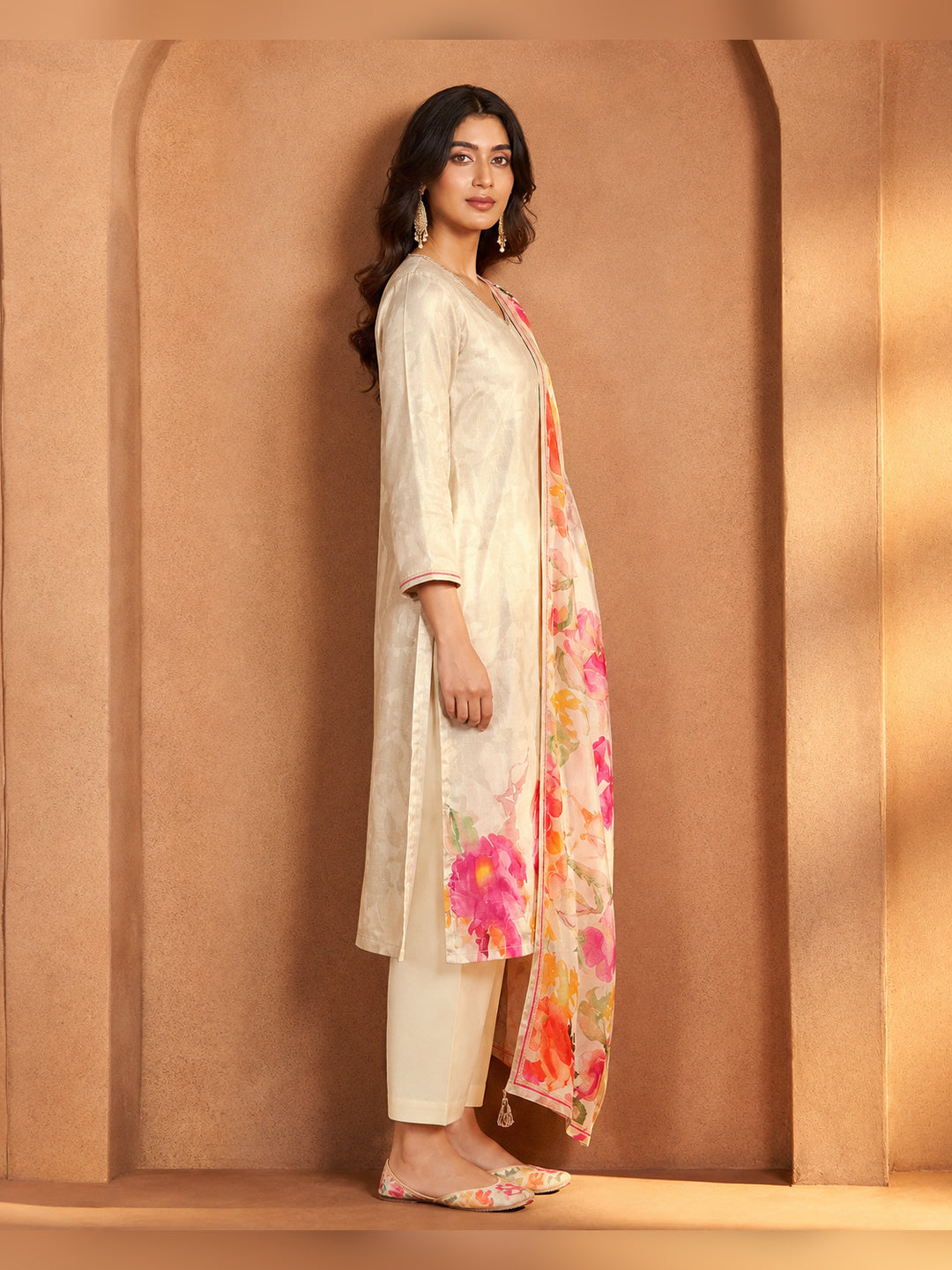 Women's Cream Floral Printed Kurta Pant Set with Dupatta