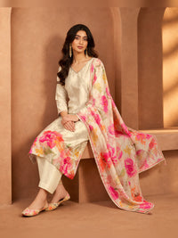 Women's Cream Floral Printed Kurta Pant Set with Dupatta