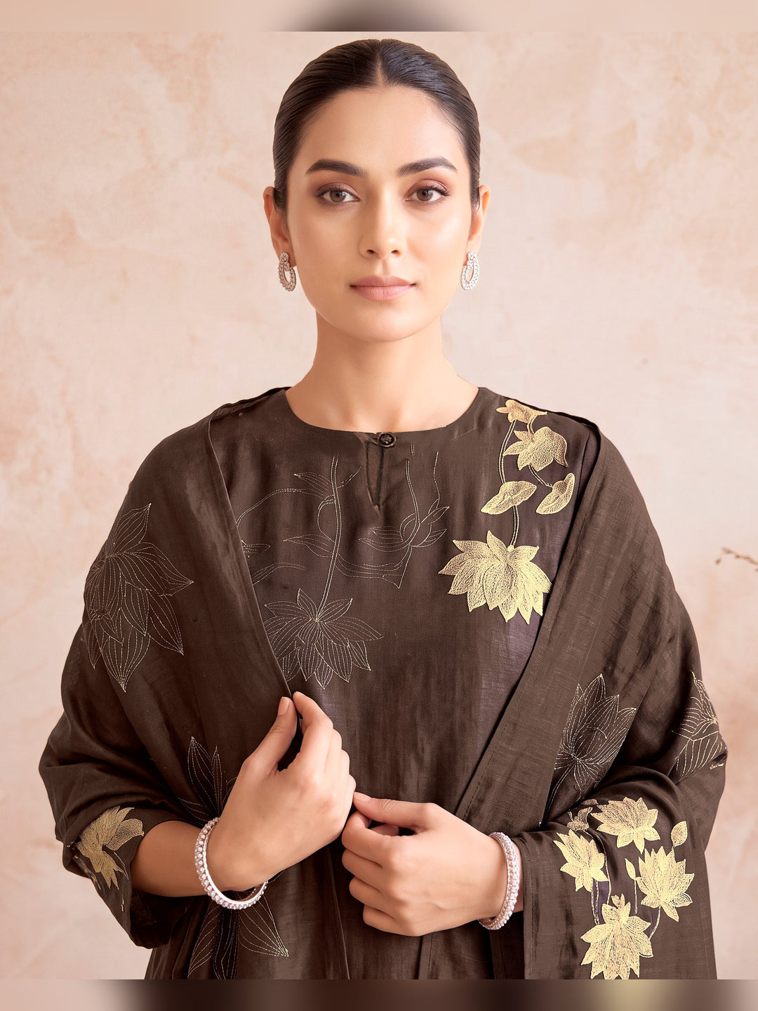 Women's Dark Brown Silk Blend Embellished Kurta with Trouser and Dupatta