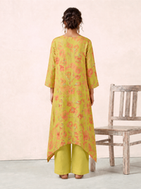 Women's Light Yellow Linen Embellished Kurta with Trouser Set