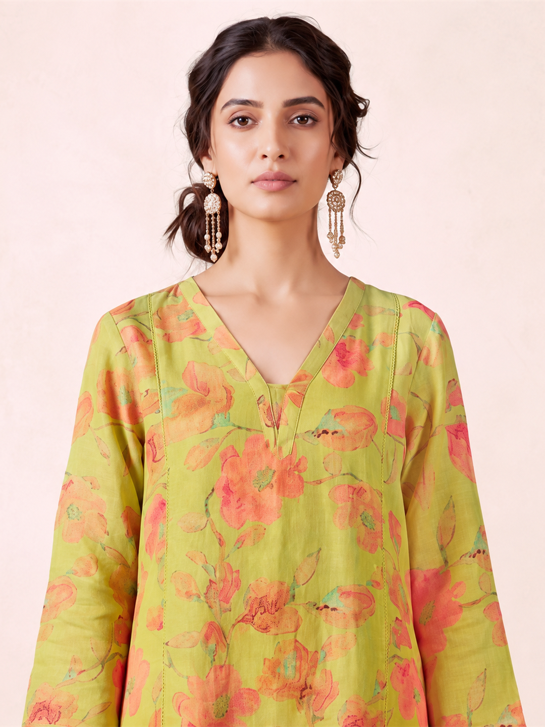 Women's Light Yellow Linen Kurta with Trouser Set
