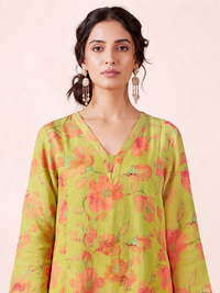 Women's Light Yellow Linen Embellished Kurta with Trouser Set