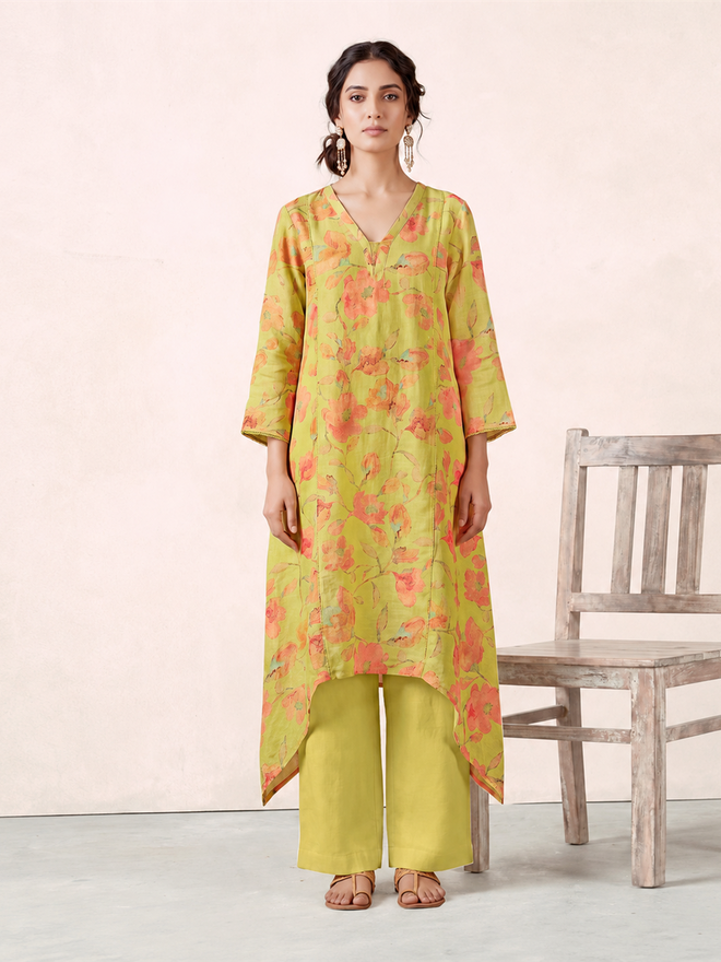 Women's Light Yellow Linen Embellished Kurta with Trouser Set