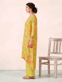Women's Light Yellow Linen Embellished Kurta with Trouser Set