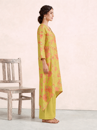 Women's Light Yellow Linen Embellished Kurta with Trouser Set