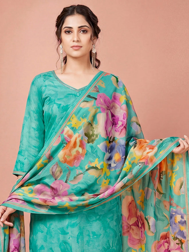 Women's Sky Blue Silk Blend Embellished Kurta with Trouser and Dupatta