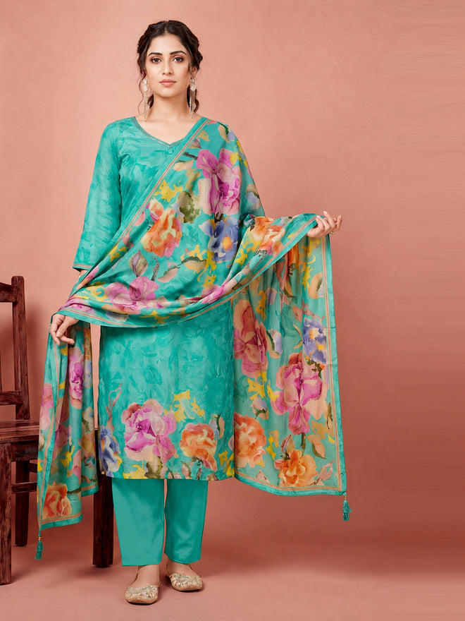 Women's Sky Blue Silk Blend Kurta with Trouser and Dupatta