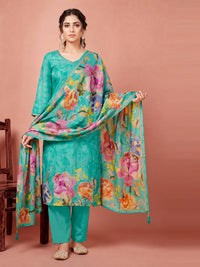 Women's Sky Blue Silk Blend Embellished Kurta with Trouser and Dupatta