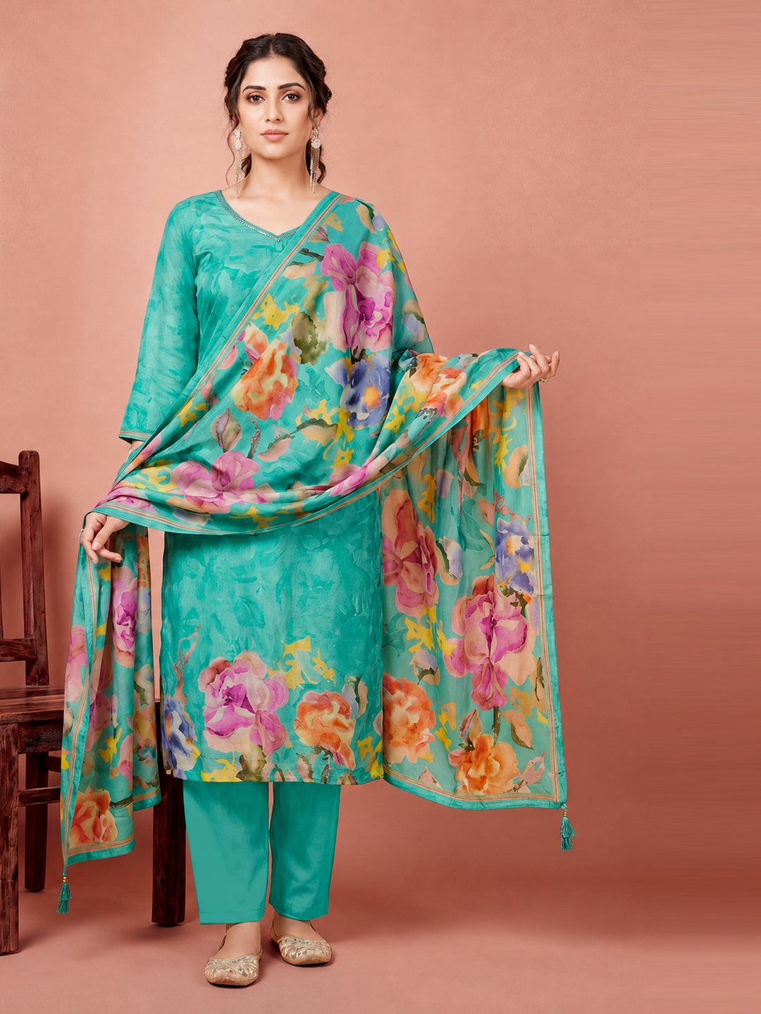 Women's Sky Blue Silk Blend Kurta with Trouser and Dupatta