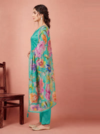 Women's Sky Blue Silk Blend Embellished Kurta with Trouser and Dupatta