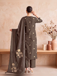 Women's Dark Brown Silk Blend Embellished Kurta with Trouser and Dupatta